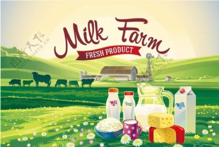 牛奶与农场景观海报矢量素材下载