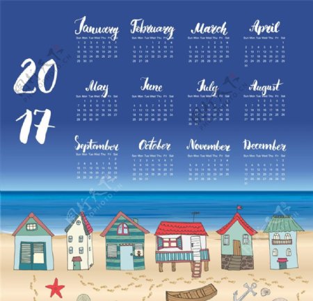蓝天沙滩城堡2017年日历表图