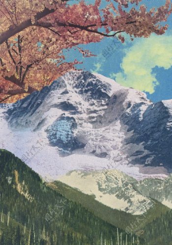 雪山樱花树背景图案
