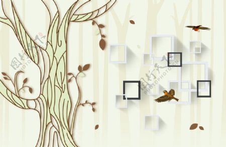 抽象大树小鸟方框条纹背景墙