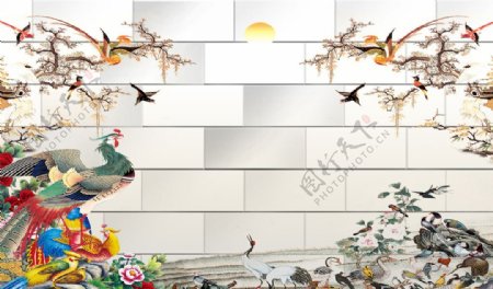 3D孔雀花鸟背景墙