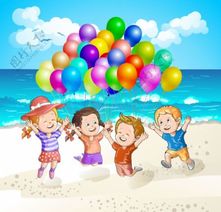 海滩玩气球的孩子