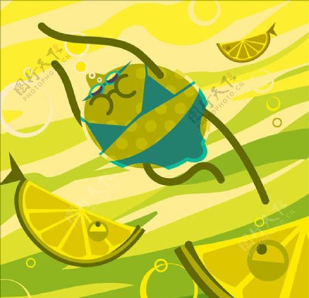 卡通游泳的柠檬