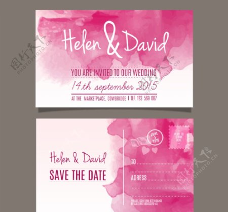 粉色水彩婚礼卡片矢量图