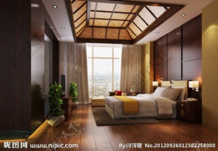 中式客房卧室家具设计效果图