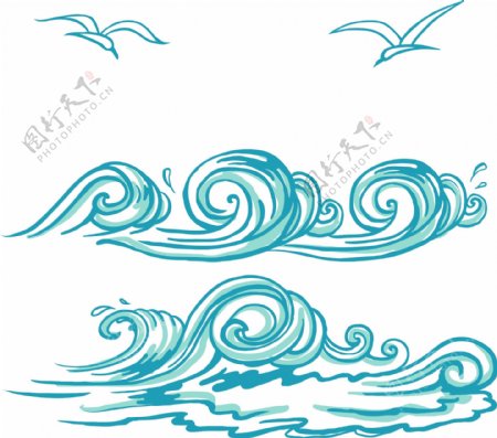 蓝色手绘海浪设计矢量图