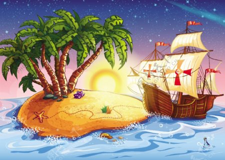 孤岛帆船插画