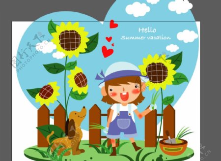 卡通可爱儿童向日葵花朵草地
