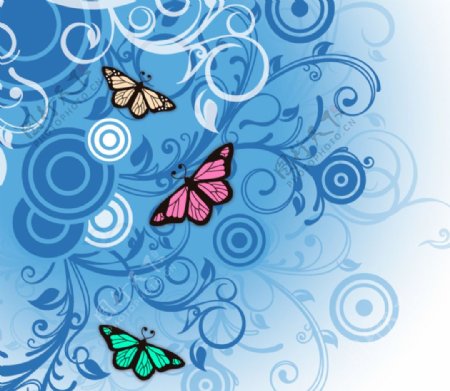 蓝色花纹与蝴蝶矢量素材