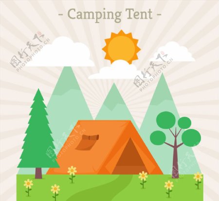 橙色野营的帐篷和郊外风景