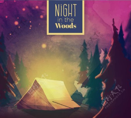 森林中的夜晚露营风景矢量素材