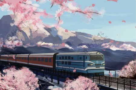 列车与樱花