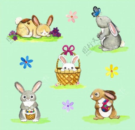 手绘水彩复活节兔子