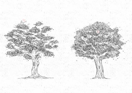 两棵手绘复古风格春季树木