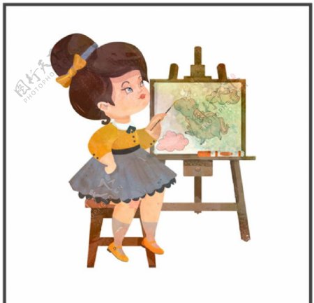 水彩手绘儿童节学美术的孩子