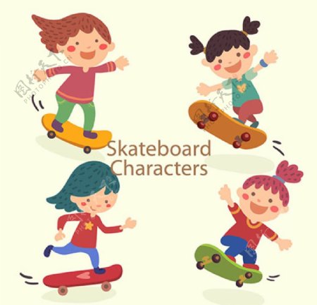 卡通儿童节快乐玩滑板的孩子