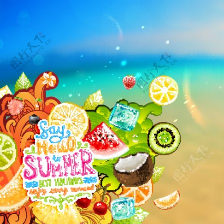 沙滩上的水果夏日矢量背景