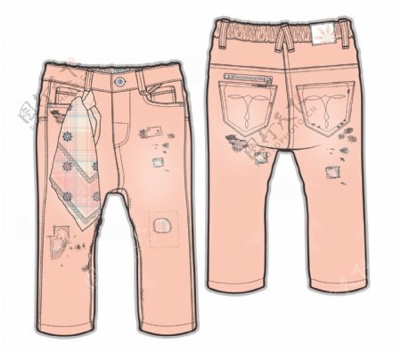 粉色长裤小女孩童装彩色服装矢量素材