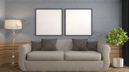 简洁现代客厅沙发盆景效果图素材