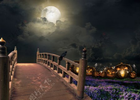 夜晚桥下元素背景图