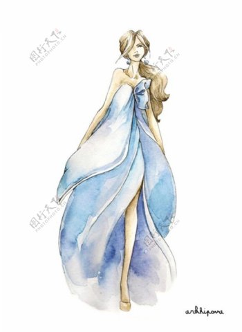 浅蓝色花瓣长裙设计图