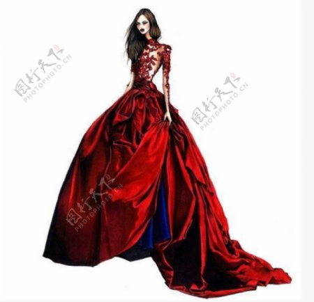 红色长裙礼服设计图