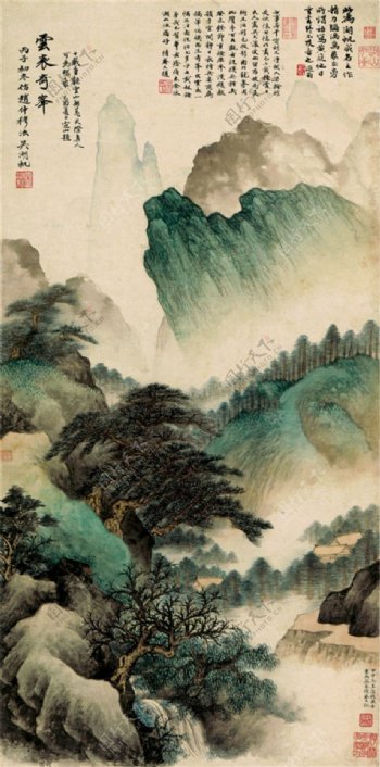 水墨山峰树木图片