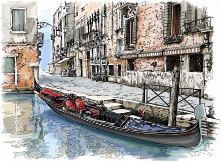 水彩画威尼斯建筑和船