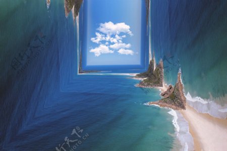 正方形的世界蓝天白云大海沙滩