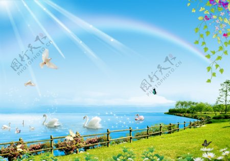彩虹湖泊风景装饰画