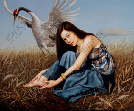 丹顶鹤与美女油画图片