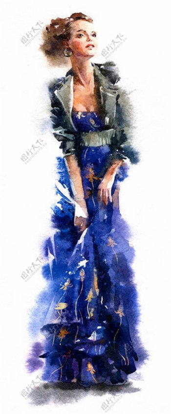 蓝色长裙礼服设计图