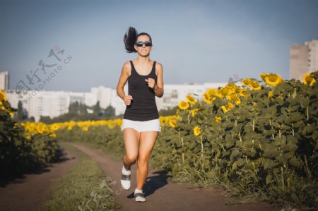 向日葵旁跑步的女人图片