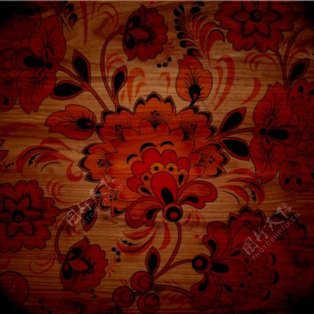 红黑色花纹图案装饰的木板高清摄影图片