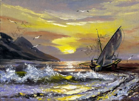 夕阳下的海面和帆船油画图片