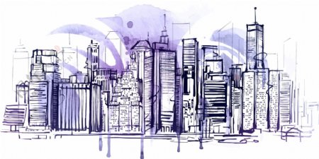 香港城市水彩简笔画矢量图图片