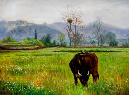 油画草地上的牛图片