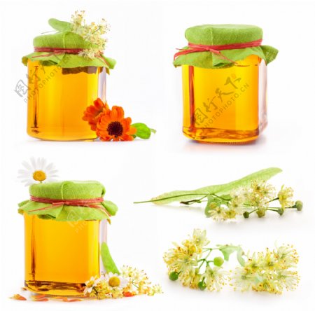 蜂蜜瓶与花朵图片