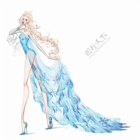 蓝色婚纱长裙设计图