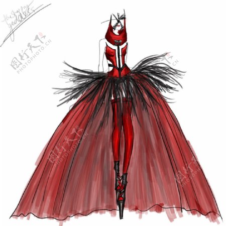 红色丝带长裙设计图
