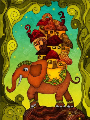 象背上的小屋插画