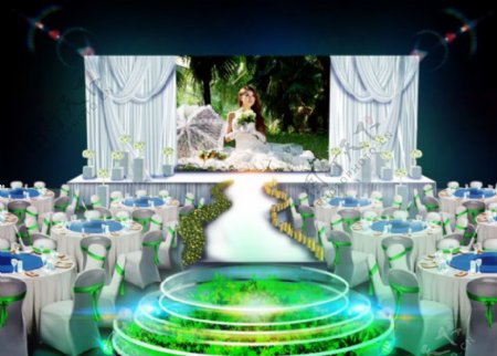 纱幔透明舞台椅背路引大屏幕白绿色婚礼