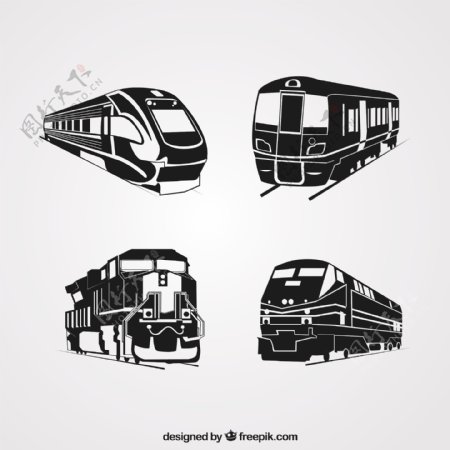 四个火车剪影轮廓插图