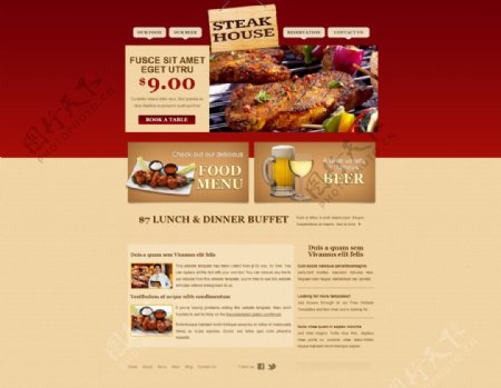 红色设计感强的西餐厅网页模板