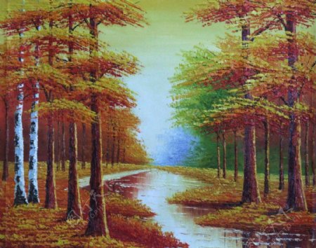 冬天树林与河流油画图片