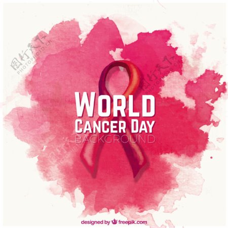 水彩背景与丝带为世界癌症日