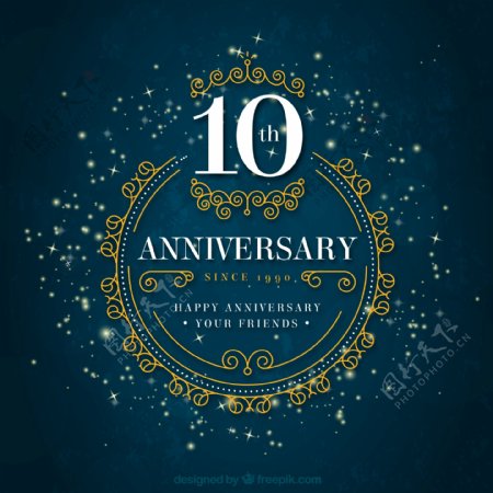 精美深蓝色10周年纪念贺卡矢量素材