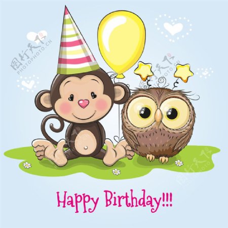 生日小猴和猫头鹰图片