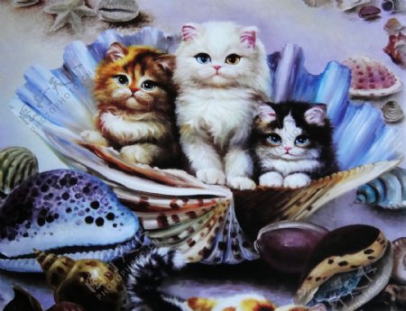 三只猫油画图片