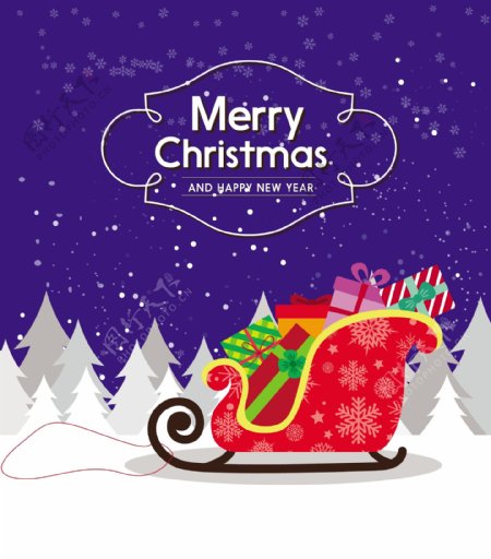 圣诞贺卡设计与雪橇的礼物免费矢量